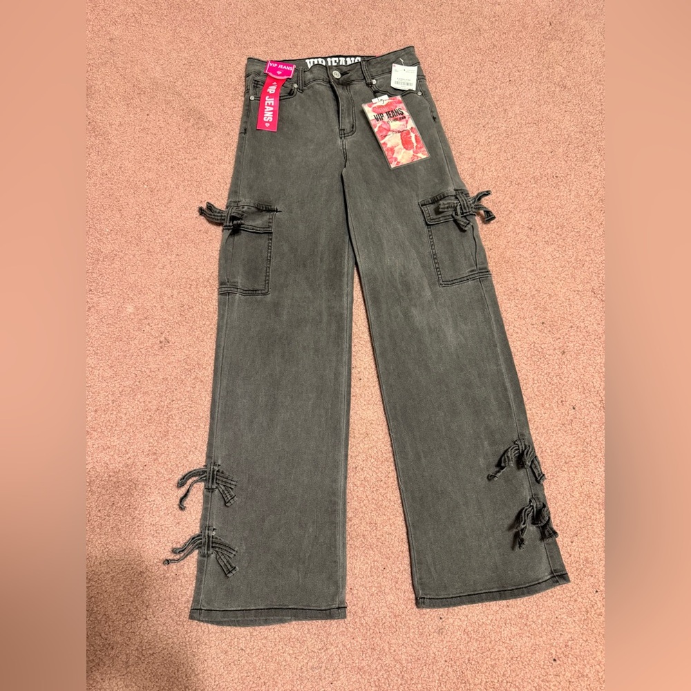 New 5 27 denim jean jeans bow cargo pants juniors alt gray emo y2k pockets